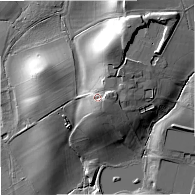 Shaded relief map of the ground around GL193DE, computed from Environment Agency LiDAR. The ground here sits at about 32 m above sea level and falls 25 m across the surrounding 800 m. Surface water reaching this point runs off ground lying to the north-north-east, 8.3 m higher.