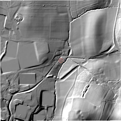 Shaded relief map of the ground around GL193DG, computed from Environment Agency LiDAR. The ground here sits at about 25 m above sea level and falls 37 m across the surrounding 800 m. Surface water reaching this point runs off ground lying to the west-north-west, 7.1 m higher.