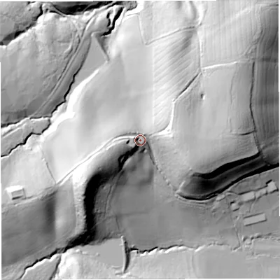Shaded relief map of the ground around GL193HL, computed from Environment Agency LiDAR. The ground here sits at about 87 m above sea level and falls 57 m across the surrounding 800 m. Surface water reaching this point runs off ground lying to the west-south-west, 20.5 m higher.