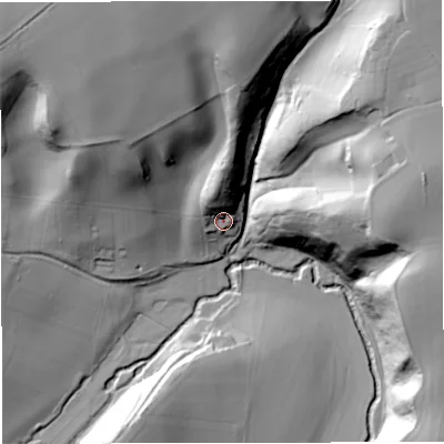 Shaded relief map of the ground around GL193HY, computed from Environment Agency LiDAR. The ground here sits at about 31 m above sea level and falls 57 m across the surrounding 800 m. Surface water reaching this point runs off ground lying to the north-north-west, 16.4 m higher.