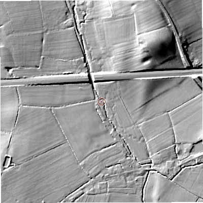 Shaded relief map of the ground around GL193LF, computed from Environment Agency LiDAR. The ground here sits at about 35 m above sea level and falls 21 m across the surrounding 800 m. Surface water reaching this point runs off ground lying to the north-north-east, 18.0 m higher.
