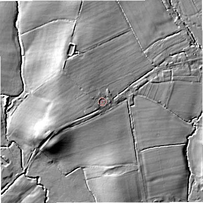 Shaded relief map of the ground around GL193LG, computed from Environment Agency LiDAR. The ground here sits at about 37 m above sea level and falls 12 m across the surrounding 800 m. Surface water reaching this point runs off ground lying to the west, 2.4 m higher.