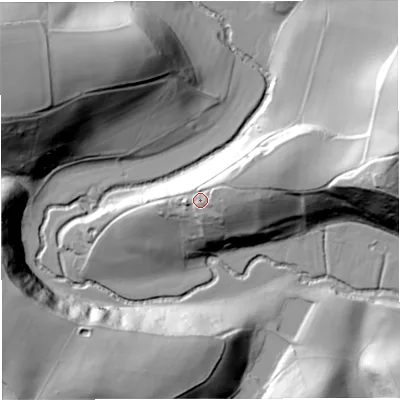 Shaded relief map of the ground around GL193LS, computed from Environment Agency LiDAR. The ground here sits at about 44 m above sea level and falls 53 m across the surrounding 800 m. Surface water reaching this point runs off ground lying to the east-north-east, 5.7 m higher.