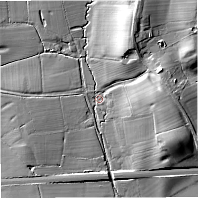 Shaded relief map of the ground around GL193PJ, computed from Environment Agency LiDAR. The ground here sits at about 37 m above sea level and falls 21 m across the surrounding 800 m. Surface water reaching this point runs off ground lying to the north-north-east, 19.0 m higher.