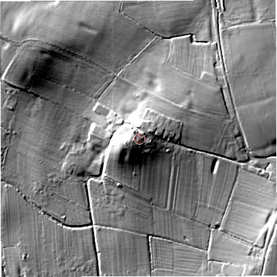 Shaded relief map of the ground around GL193QG, computed from Environment Agency LiDAR. The ground here sits at about 34 m above sea level and falls 15 m across the surrounding 800 m. Surface water reaching this point runs off ground lying to the west-south-west, 3.2 m higher.