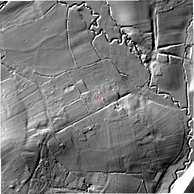 Shaded relief map of the ground around GL193SH, computed from Environment Agency LiDAR. The ground here sits at about 35 m above sea level and falls 20 m across the surrounding 800 m. Surface water reaching this point runs off ground lying to the south-south-west, 2.9 m higher.