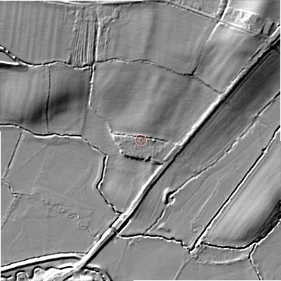 Shaded relief map of the ground around GL194AA, computed from Environment Agency LiDAR. The ground here sits at about 12 m above sea level and falls 10 m across the surrounding 800 m. Surface water reaching this point runs off ground lying to the north-north-east, 1.4 m higher.