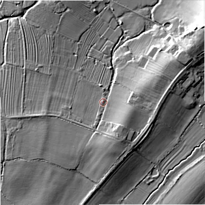 Shaded relief map of the ground around GL194AE, computed from Environment Agency LiDAR. The ground here sits at about 14 m above sea level and falls 14 m across the surrounding 800 m. Surface water reaching this point runs off ground lying to the south-south-east, 5.7 m higher.