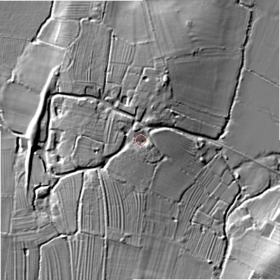 Shaded relief map of the ground around GL194AG, computed from Environment Agency LiDAR. The ground here sits at about 13 m above sea level and falls 9 m across the surrounding 800 m. Surface water reaching this point runs off ground lying to the north-north-west, 2.0 m higher.