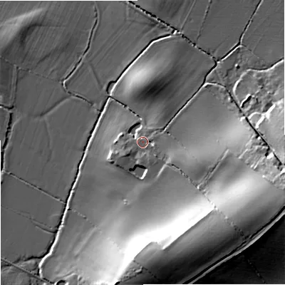 Shaded relief map of the ground around GL194AH, computed from Environment Agency LiDAR. The ground here sits at about 12 m above sea level and falls 18 m across the surrounding 800 m. Surface water reaching this point runs off ground lying to the south-east, 15.4 m higher.