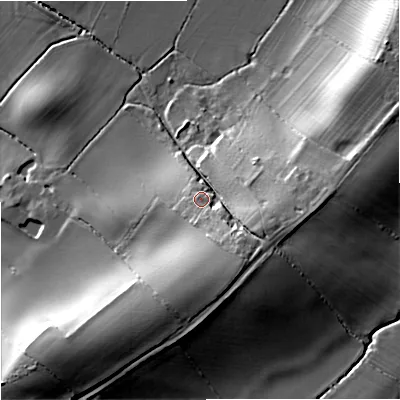 Shaded relief map of the ground around GL194AL, computed from Environment Agency LiDAR. The ground here sits at about 20 m above sea level and falls 18 m across the surrounding 800 m. Surface water reaching this point runs off ground lying to the south-south-east, 4.8 m higher.