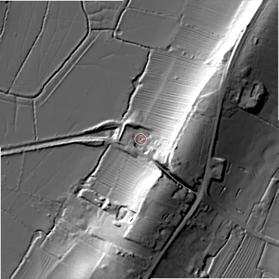 Shaded relief map of the ground around GL194BB, computed from Environment Agency LiDAR. The ground here sits at about 12 m above sea level and falls 23 m across the surrounding 800 m. Surface water reaching this point runs off ground lying to the east-south-east, 19.6 m higher.