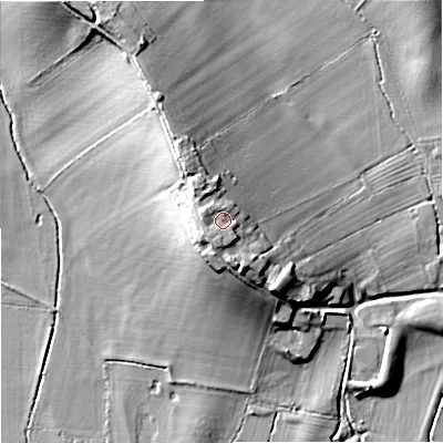 Shaded relief map of the ground around GL194BT, computed from Environment Agency LiDAR. The ground here sits at about 25 m above sea level and falls 19 m across the surrounding 800 m. Surface water reaching this point runs off ground lying to the west-north-west, 1.9 m higher.
