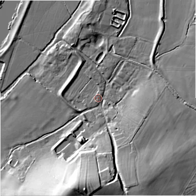 Shaded relief map of the ground around GL194BX, computed from Environment Agency LiDAR. The ground here sits at about 11 m above sea level and falls 24 m across the surrounding 800 m. Surface water reaching this point runs off ground lying to the south, 18.7 m higher.