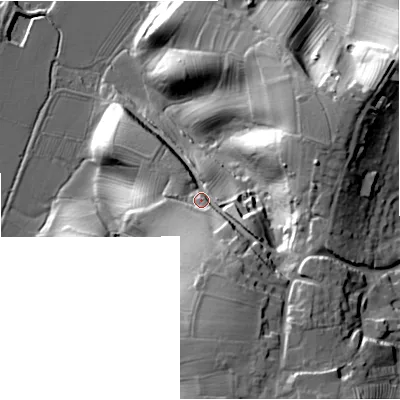 Shaded relief map of the ground around GL194DL, computed from Environment Agency LiDAR. The ground here sits at about 29 m above sea level and falls 36 m across the surrounding 800 m. Surface water reaching this point runs off ground lying to the south-south-east, 15.7 m higher.