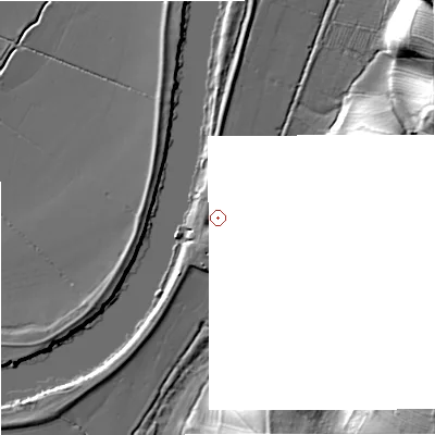 Shaded relief map of the ground around GL194DN, computed from Environment Agency LiDAR. and falls 34 m across the surrounding 800 m. Surface water reaching this point runs off ground lying to the south-south-west, 1.7 m higher.