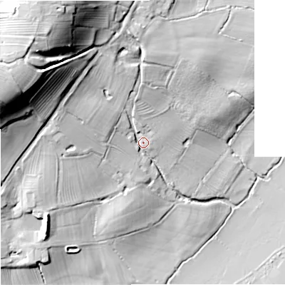 Shaded relief map of the ground around GL194DS, computed from Environment Agency LiDAR. The ground here sits at about 19 m above sea level and falls 44 m across the surrounding 800 m. Surface water reaching this point runs off ground lying to the north-west, 33.9 m higher.