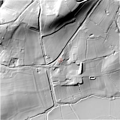Shaded relief map of the ground around GL194DT, computed from Environment Agency LiDAR. The ground here sits at about 21 m above sea level and falls 43 m across the surrounding 800 m. Surface water reaching this point runs off ground lying to the north, 30.4 m higher.