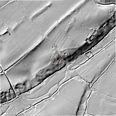 Shaded relief map of the ground around GL194EE, computed from Environment Agency LiDAR. The ground here sits at about 13 m above sea level and falls 9 m across the surrounding 800 m. Surface water reaching this point runs off ground lying to the north, 5.0 m higher.