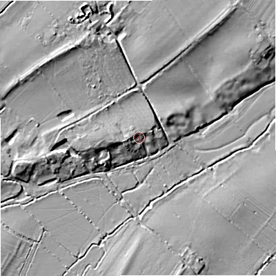 Shaded relief map of the ground around GL194EF, computed from Environment Agency LiDAR. The ground here sits at about 12 m above sea level and falls 9 m across the surrounding 800 m. Surface water reaching this point runs off ground lying to the east-north-east, 2.3 m higher.