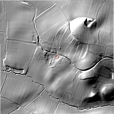 Shaded relief map of the ground around GL194EG, computed from Environment Agency LiDAR. The ground here sits at about 21 m above sea level and falls 39 m across the surrounding 800 m. Surface water reaching this point runs off ground lying to the north-east, 27.9 m higher.