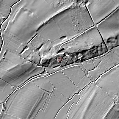 Shaded relief map of the ground around GL194EH, computed from Environment Agency LiDAR. The ground here sits at about 12 m above sea level and falls 8 m across the surrounding 800 m. Surface water reaching this point runs off ground lying to the north-west, 2.6 m higher.