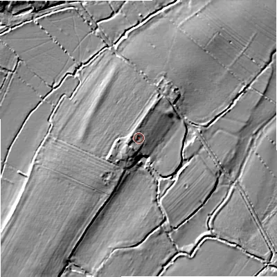 Shaded relief map of the ground around GL194EQ, computed from Environment Agency LiDAR. The ground here sits at about 11 m above sea level and falls 4 m across the surrounding 800 m. Surface water reaching this point runs off ground lying to the south-west, 1.7 m higher.