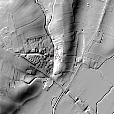 Shaded relief map of the ground around GL194ES, computed from Environment Agency LiDAR. The ground here sits at about 12 m above sea level and falls 21 m across the surrounding 800 m. Surface water reaching this point runs off ground lying to the west-north-west, 19.4 m higher.