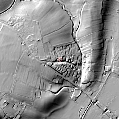 Shaded relief map of the ground around GL194ET, computed from Environment Agency LiDAR. The ground here sits at about 24 m above sea level and falls 29 m across the surrounding 800 m. Surface water reaching this point runs off ground lying to the west, 9.6 m higher.