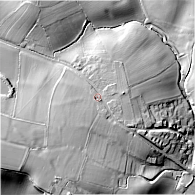 Shaded relief map of the ground around GL194EU, computed from Environment Agency LiDAR. The ground here sits at about 27 m above sea level and falls 33 m across the surrounding 800 m. Surface water reaching this point runs off ground lying to the south-south-east, 2.0 m higher.