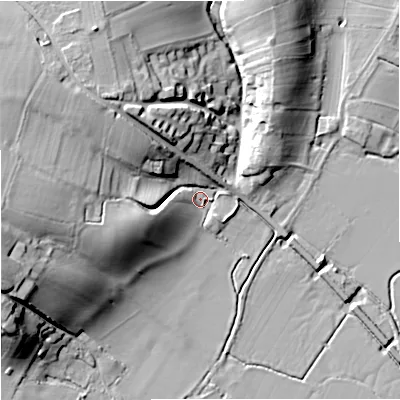 Shaded relief map of the ground around GL194EY, computed from Environment Agency LiDAR. The ground here sits at about 11 m above sea level and falls 25 m across the surrounding 800 m. Surface water reaching this point runs off ground lying to the west, 22.3 m higher.