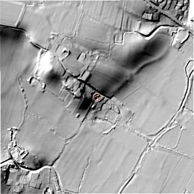 Shaded relief map of the ground around GL194EZ, computed from Environment Agency LiDAR. The ground here sits at about 17 m above sea level and falls 34 m across the surrounding 800 m. Surface water reaching this point runs off ground lying to the west-north-west, 22.7 m higher.