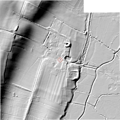 Shaded relief map of the ground around GL194HG, computed from Environment Agency LiDAR. The ground here sits at about 12 m above sea level and falls 20 m across the surrounding 800 m. Surface water reaching this point runs off ground lying to the south, 1.7 m higher.