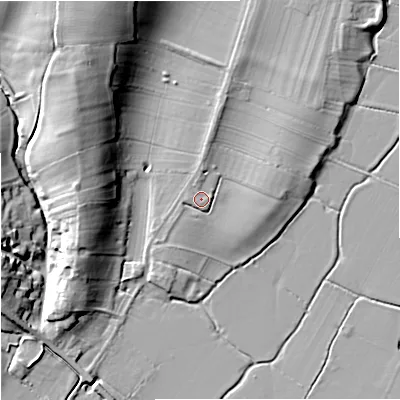 Shaded relief map of the ground around GL194HH, computed from Environment Agency LiDAR. The ground here sits at about 12 m above sea level and falls 18 m across the surrounding 800 m. Surface water reaching this point runs off ground lying to the north, 2.2 m higher.