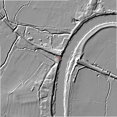 Shaded relief map of the ground around GL194HJ, computed from Environment Agency LiDAR. The ground here sits at about 11 m above sea level and falls 7 m across the surrounding 800 m. Surface water reaching this point runs off ground lying to the north-north-east, 6.4 m higher.