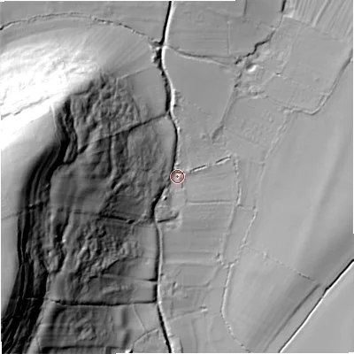 Shaded relief map of the ground around GL194HX, computed from Environment Agency LiDAR. The ground here sits at about 15 m above sea level and falls 69 m across the surrounding 800 m. Surface water reaching this point runs off ground lying to the west, 63.1 m higher.