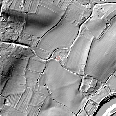 Shaded relief map of the ground around GL194HY, computed from Environment Agency LiDAR. The ground here sits at about 12 m above sea level and falls 23 m across the surrounding 800 m. Surface water reaching this point runs off ground lying to the west, 11.7 m higher.