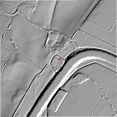 Shaded relief map of the ground around GL194HZ, computed from Environment Agency LiDAR. The ground here sits at about 11 m above sea level and falls 8 m across the surrounding 800 m. Surface water reaching this point runs off ground lying to the east-north-east, 2.0 m higher.