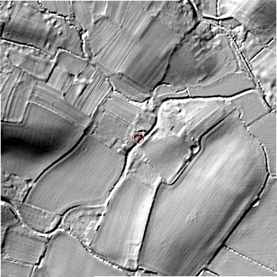 Shaded relief map of the ground around GL194LA, computed from Environment Agency LiDAR. The ground here sits at about 12 m above sea level and falls 17 m across the surrounding 800 m. Surface water reaching this point runs off ground lying to the west, 14.3 m higher.