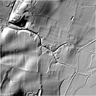 Shaded relief map of the ground around GL194LE, computed from Environment Agency LiDAR. The ground here sits at about 12 m above sea level and falls 41 m across the surrounding 800 m. Surface water reaching this point runs off ground lying to the south-west, 38.3 m higher.