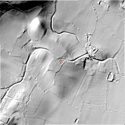Shaded relief map of the ground around GL194LQ, computed from Environment Agency LiDAR. The ground here sits at about 32 m above sea level and falls 74 m across the surrounding 800 m. Surface water reaching this point runs off ground lying to the north-north-west, 8.4 m higher.