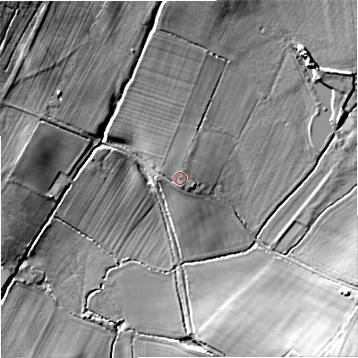 Shaded relief map of the ground around GL194LX, computed from Environment Agency LiDAR. The ground here sits at about 21 m above sea level and falls 16 m across the surrounding 800 m. Surface water reaching this point runs off ground lying to the north-west, 1.0 m higher.