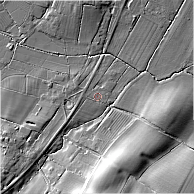 Shaded relief map of the ground around GL194LZ, computed from Environment Agency LiDAR. The ground here sits at about 16 m above sea level and falls 14 m across the surrounding 800 m. Surface water reaching this point runs off ground lying to the south-west, 1.9 m higher.