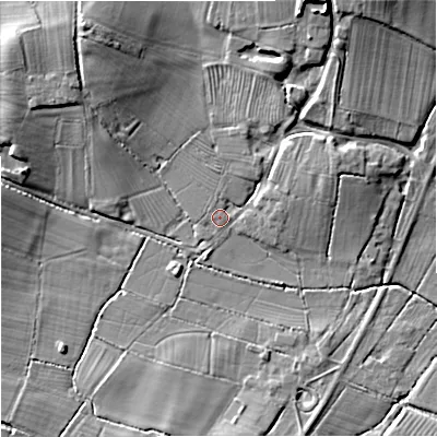Shaded relief map of the ground around GL194NN, computed from Environment Agency LiDAR. The ground here sits at about 17 m above sea level and falls 14 m across the surrounding 800 m. Surface water reaching this point runs off ground lying to the north-north-west, 8.8 m higher.