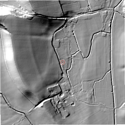Shaded relief map of the ground around GL194NP, computed from Environment Agency LiDAR. The ground here sits at about 17 m above sea level and falls 30 m across the surrounding 800 m. Surface water reaching this point runs off ground lying to the west, 23.9 m higher.
