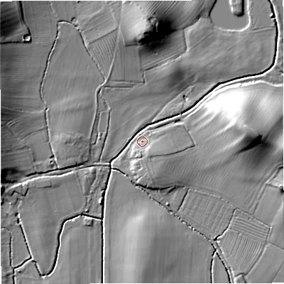 Shaded relief map of the ground around GL194PL, computed from Environment Agency LiDAR. The ground here sits at about 16 m above sea level and falls 20 m across the surrounding 800 m. Surface water reaching this point runs off ground lying to the east, 18.9 m higher.
