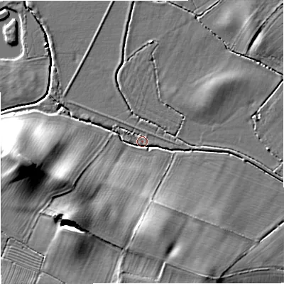 Shaded relief map of the ground around GL194PQ, computed from Environment Agency LiDAR. The ground here sits at about 15 m above sea level and falls 20 m across the surrounding 800 m. Surface water reaching this point runs off ground lying to the south-south-east, 16.2 m higher.