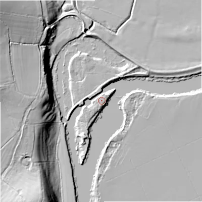 Shaded relief map of the ground around GL194RF, computed from Environment Agency LiDAR. The ground here sits at about 12 m above sea level and falls 22 m across the surrounding 800 m. Surface water reaching this point runs off ground lying to the south-west, 3.5 m higher.