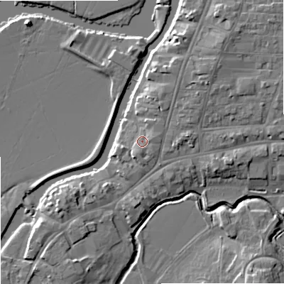 Shaded relief map of the ground around GL205AE, computed from Environment Agency LiDAR. The ground here sits at about 13 m above sea level and falls 9 m across the surrounding 800 m. Surface water reaching this point runs off ground lying to the east-north-east, 1.9 m higher.
