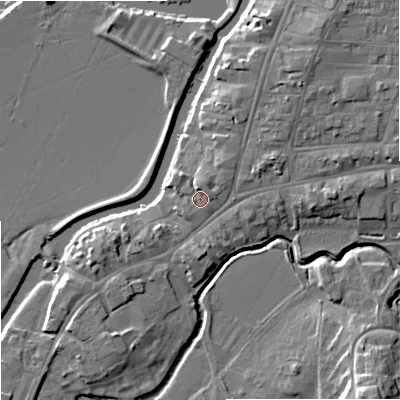 Shaded relief map of the ground around GL205AF, computed from Environment Agency LiDAR. The ground here sits at about 13 m above sea level and falls 12 m across the surrounding 800 m. Surface water reaching this point runs off ground lying to the north-north-west, 2.1 m higher.
